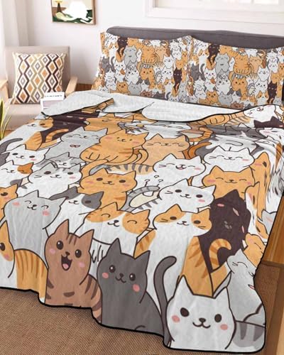 Stongaro Quilt Twin XL Cartoon Cat Comforter Set 3 Pieces