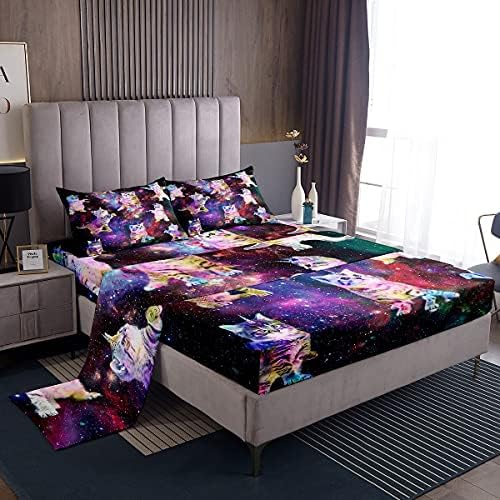 Feelyou Galaxy Cat Bed Sheet Set with 1 Flat Sheet and 2 Pillowcases