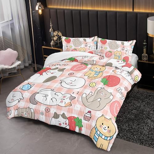 Kawaii Cat Comforter Set 3 Piece Full Size Kids Bedding