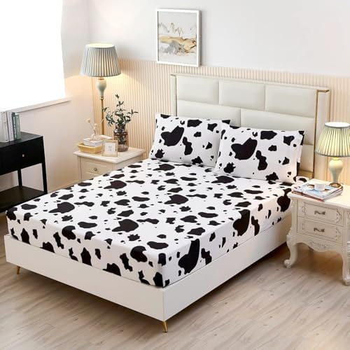 SDY 3PCS Cow Print Fitted Sheet Set Queen Size