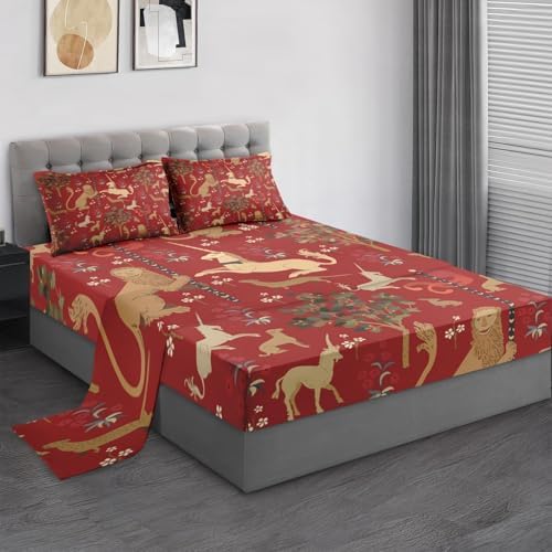 Pamnest Full Size Bed Sheet Set with Medieval Beige Lion Design