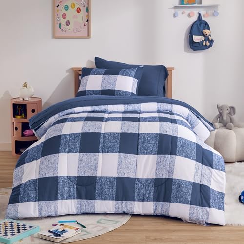 SLEEP ZONE Kids Comforter Set with Blue Grid Design