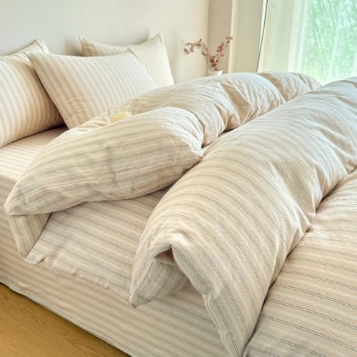 PinkMemory Beige Striped Duvet Cover Set King