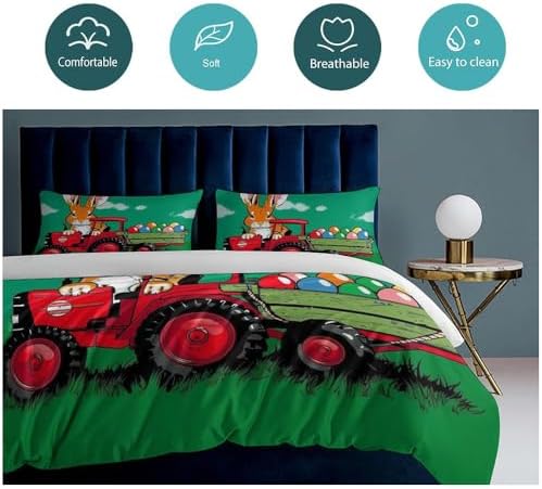 GAWEKIQE Red Bunny Truck Duvet Cover Set 3 Piece Queen Size