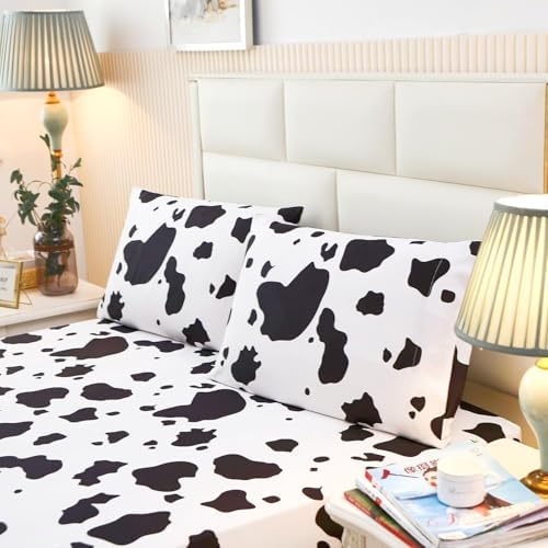 SDY 3PCS Cow Print Fitted Sheet Set Queen Size