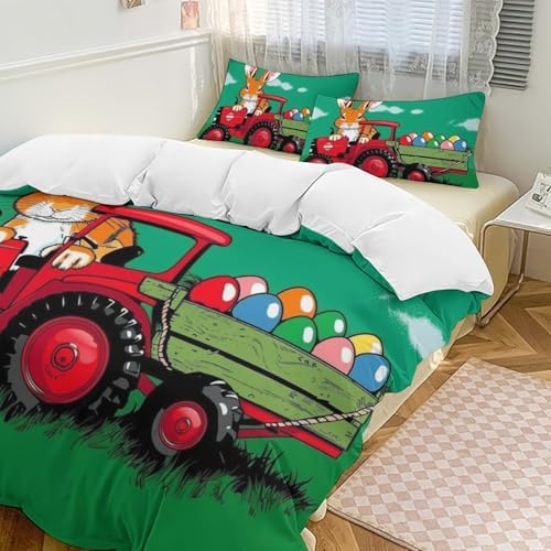 GAWEKIQE Red Bunny Truck Duvet Cover Set 3 Piece Queen Size