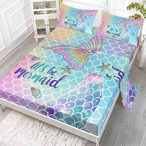 Datura Home 4Pcs Kids Rainbow Scales Mermaid Sheet Set for Boys Girls